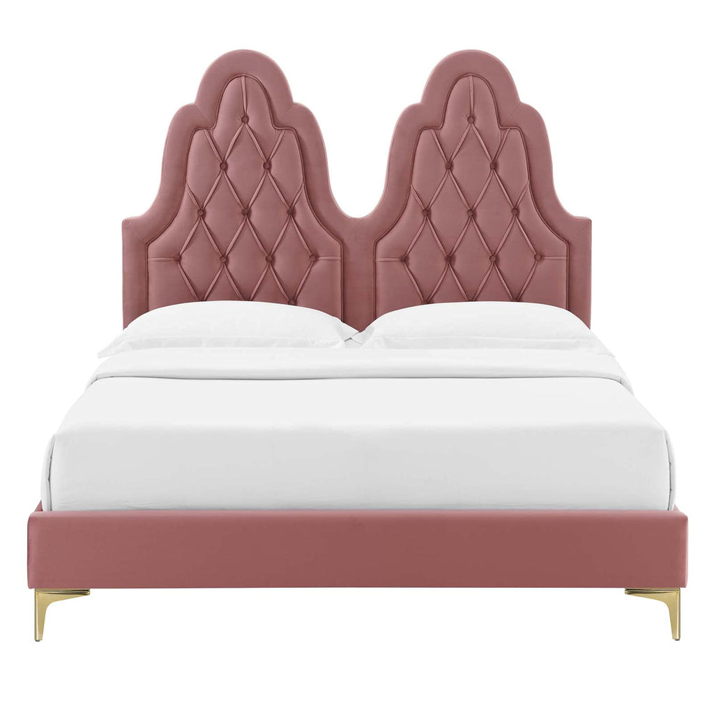 Modway Alexandria Tufted Performance Velvet Twin Platform Bed in Dusty Rose with Gold Legs