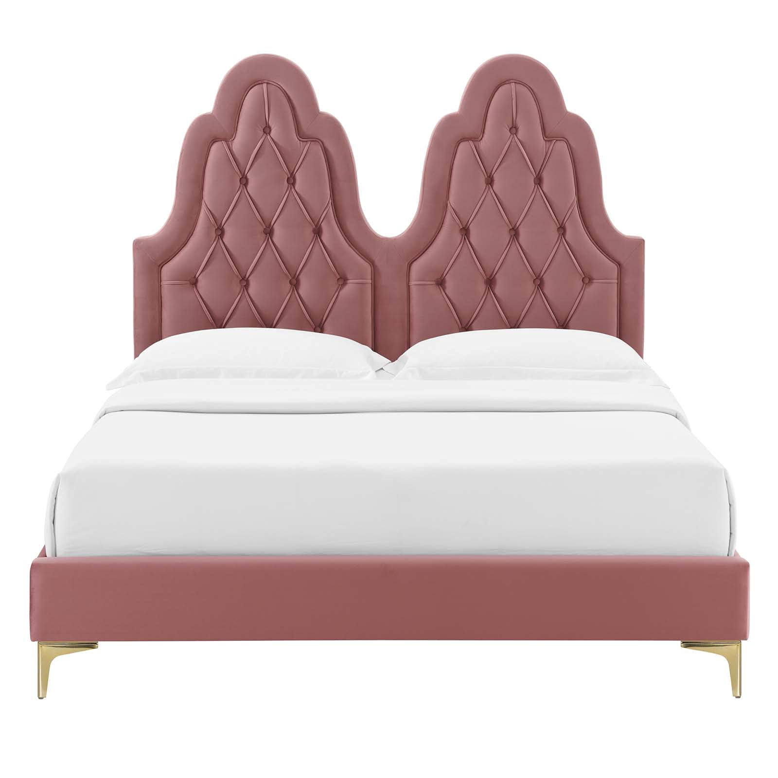 Modway Alexandria Tufted Performance Velvet Twin Platform Bed in Dusty Rose with Gold Legs