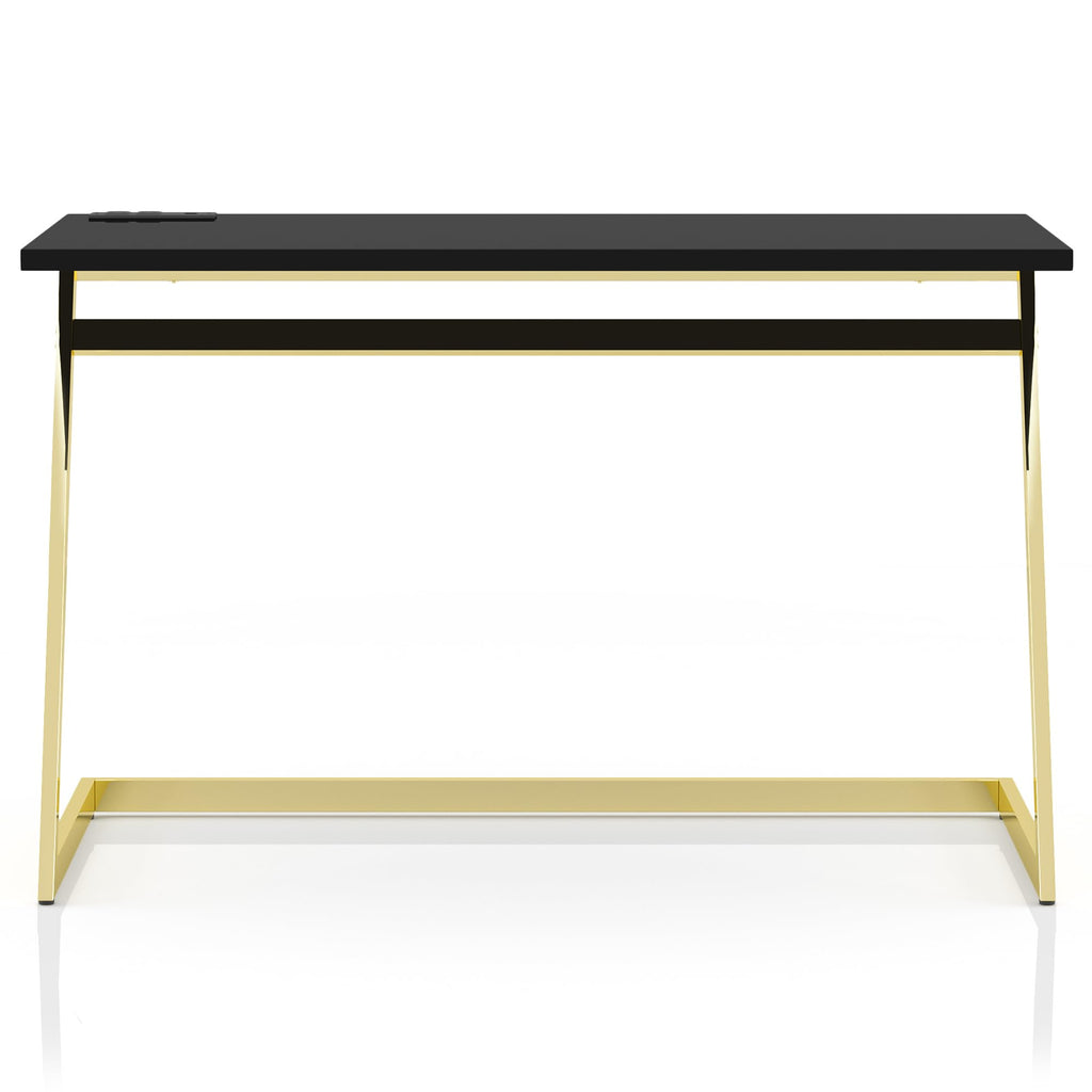 24/7 Shop at Home Ruthetta Modern Metal Writing Desk with USB Port, Power Outlet for Workstation, Home Office, Study Room, Glossy Black and Brass