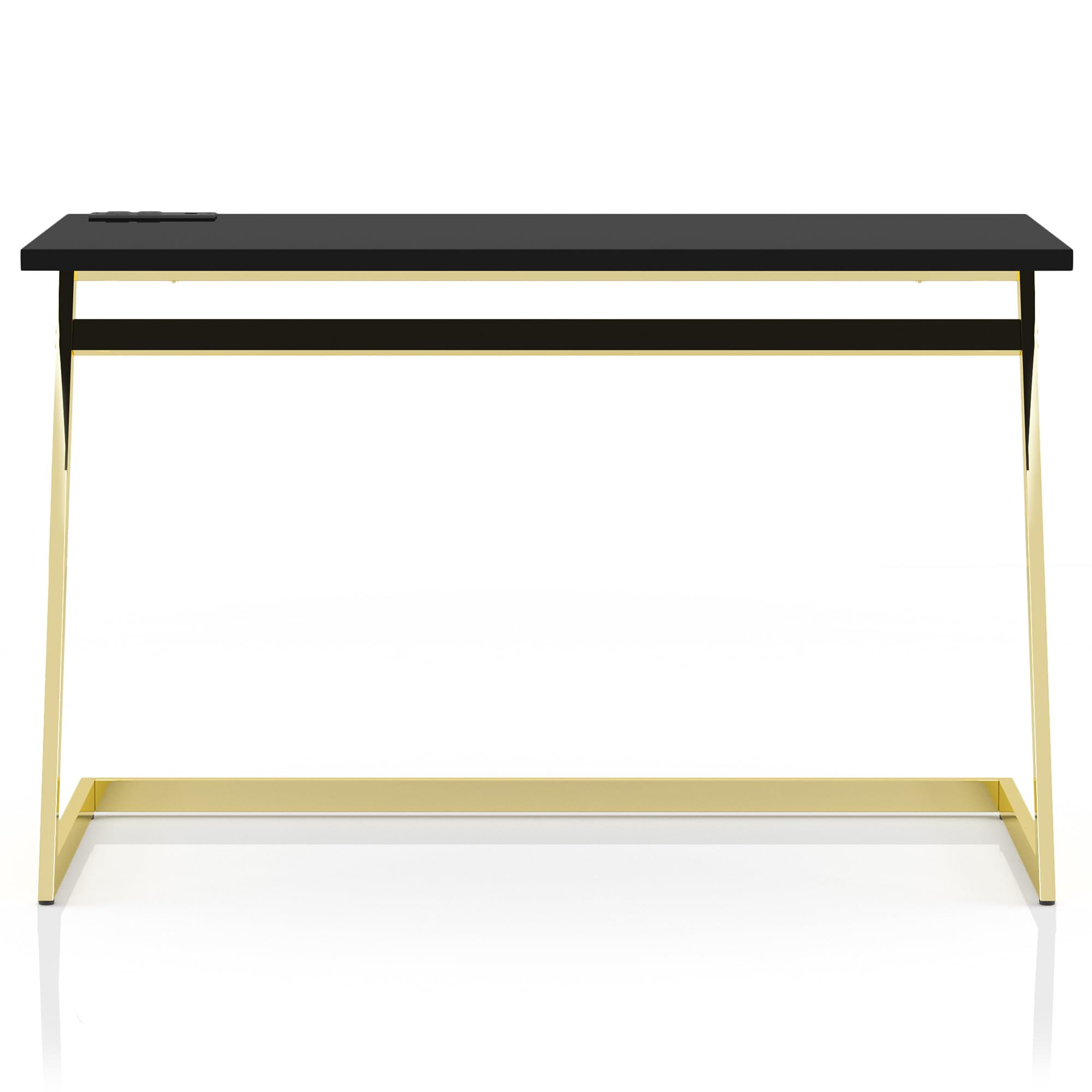 24/7 Shop at Home Ruthetta Modern Metal Writing Desk with USB Port, Power Outlet for Workstation, Home Office, Study Room, Glossy Black and Brass