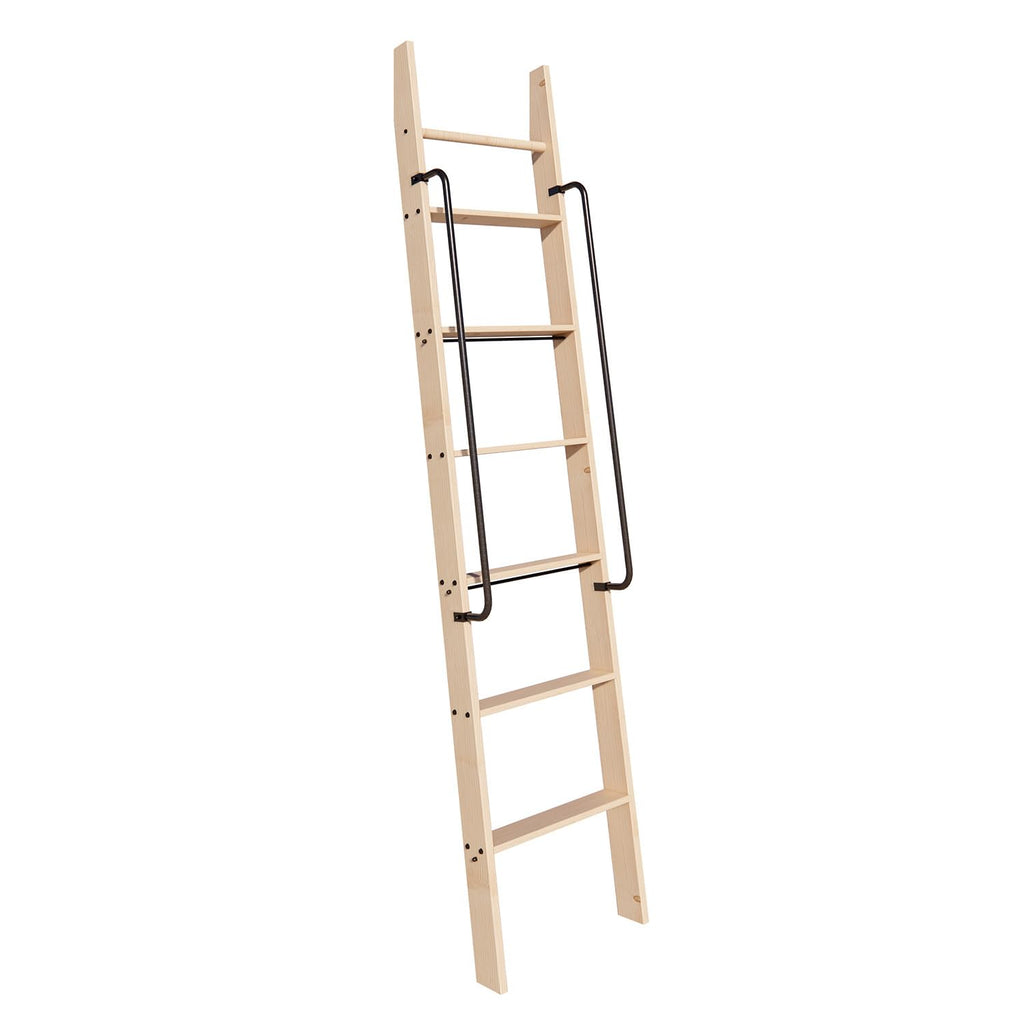 HARDJULAN 87" Knotty Pine Wood Library Ladder with Black Handrail – 300 lbs Capacity, Unfinished for Painting or Staining