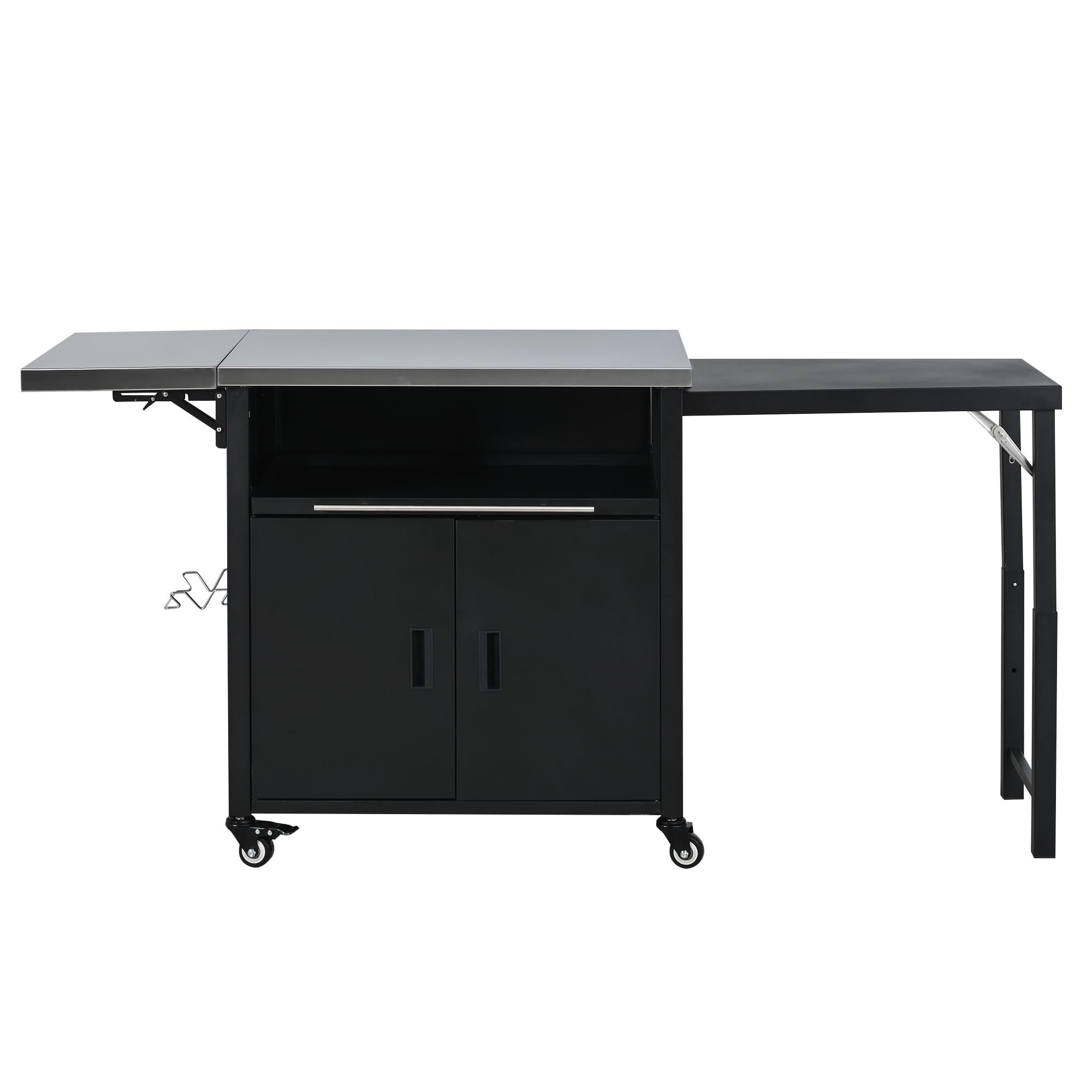 Outdoor Folding Kitchen Cart with Dual Stainless Steel Tops, Rolling Grill Prep Table with Cabinet Drawer and Trash Rack, Portable BBQ Serving Cart with Lockable Wheels for Patio Backyard, Black