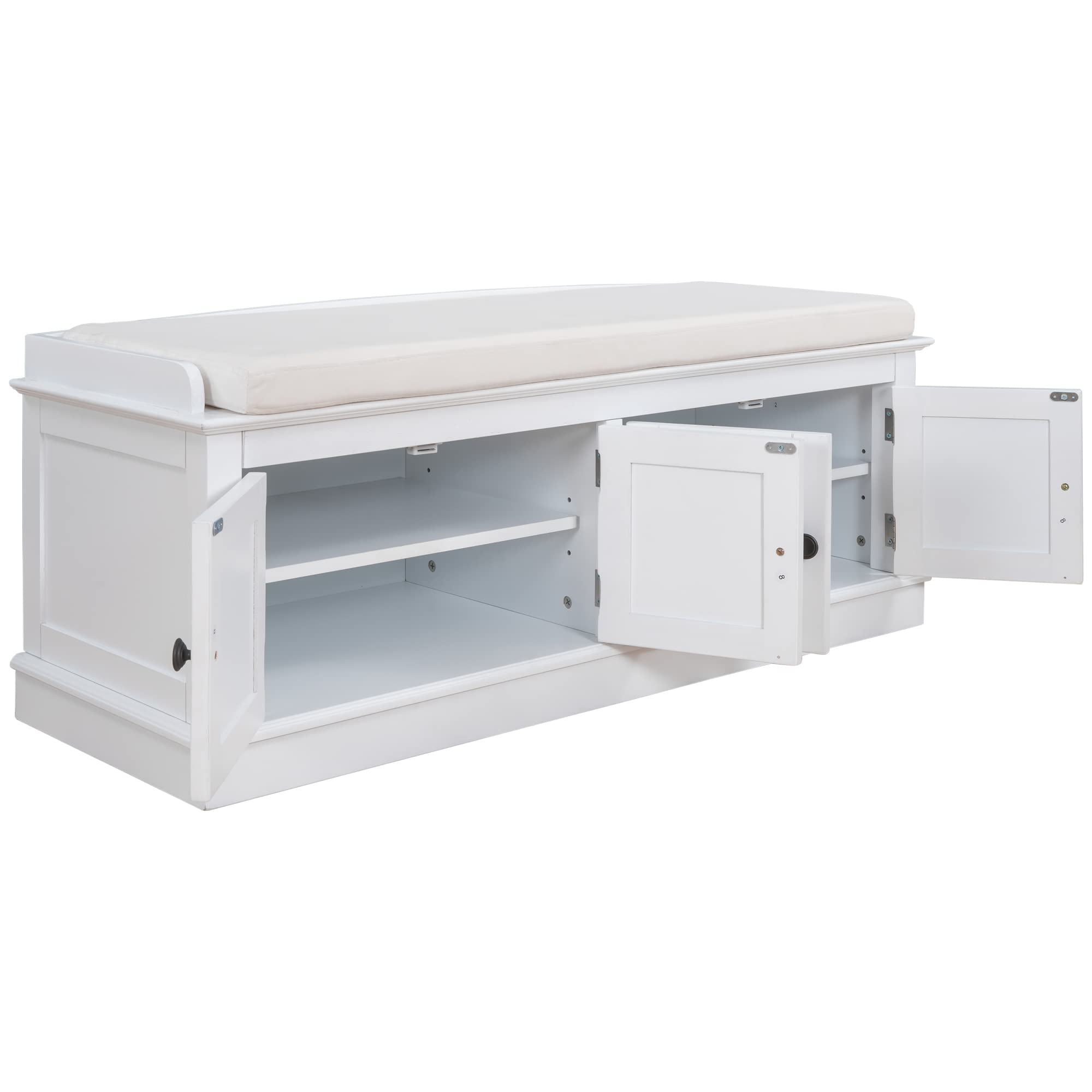 GDFStudio Jasd Storage Bench with 4 Doors and Adjustable Shelves, Removable Cushion Bench Ottoman, Solid Wood Frame Storage Ottoman, Rectangular Cabinet with Seating for Living Room Entryway, White