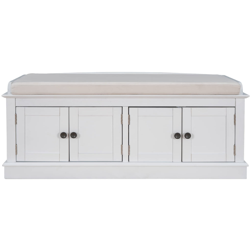 GDFStudio Jasd Storage Bench with 4 Doors and Adjustable Shelves, Removable Cushion Bench Ottoman, Solid Wood Frame Storage Ottoman, Rectangular Cabinet with Seating for Living Room Entryway, White