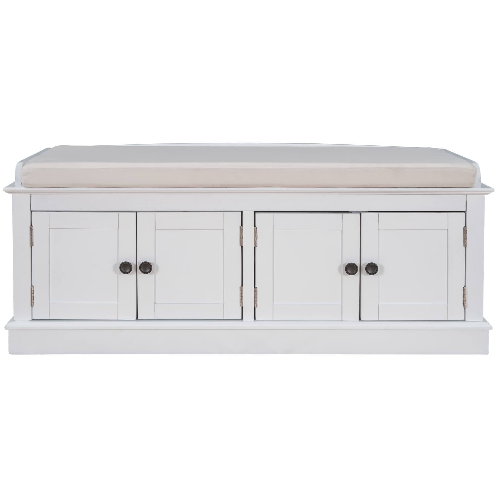 GDFStudio Jasd Storage Bench with 4 Doors and Adjustable Shelves, Removable Cushion Bench Ottoman, Solid Wood Frame Storage Ottoman, Rectangular Cabinet with Seating for Living Room Entryway, White