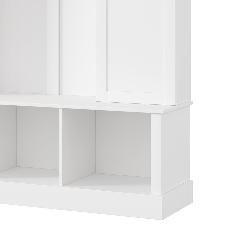 Merax Hall Tree with Bench and Shoe Storage 77.3" Tall with Adjustable Shelves, Modern All-in-One Entryway Bench with 2 Side Cabinets & 7 Hooks, Elegant Arched Design, 55.1"L x 15.7"W (White)