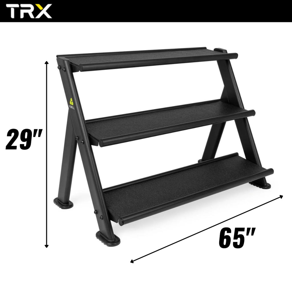 YBell­ TRX Horizontal Rack | Short rack holds up to 18 TRX YBells | Commercial-grade Steel Rack with Rubber-padded Shelving and Rounded Edges Keeps You and Your Gear Safe | 65" L x 23" W x 29" H