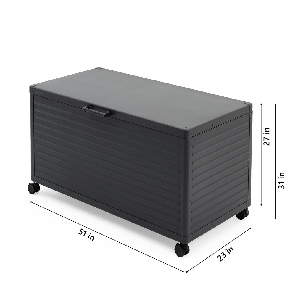 MIRADOR 134 Gallon Outdoor Storage Box with Wheels & Soft-Close Lid, Waterproof Metal Deck Box for Patio Cushions, Garden Tools & Pool Accessories, Charcoal
