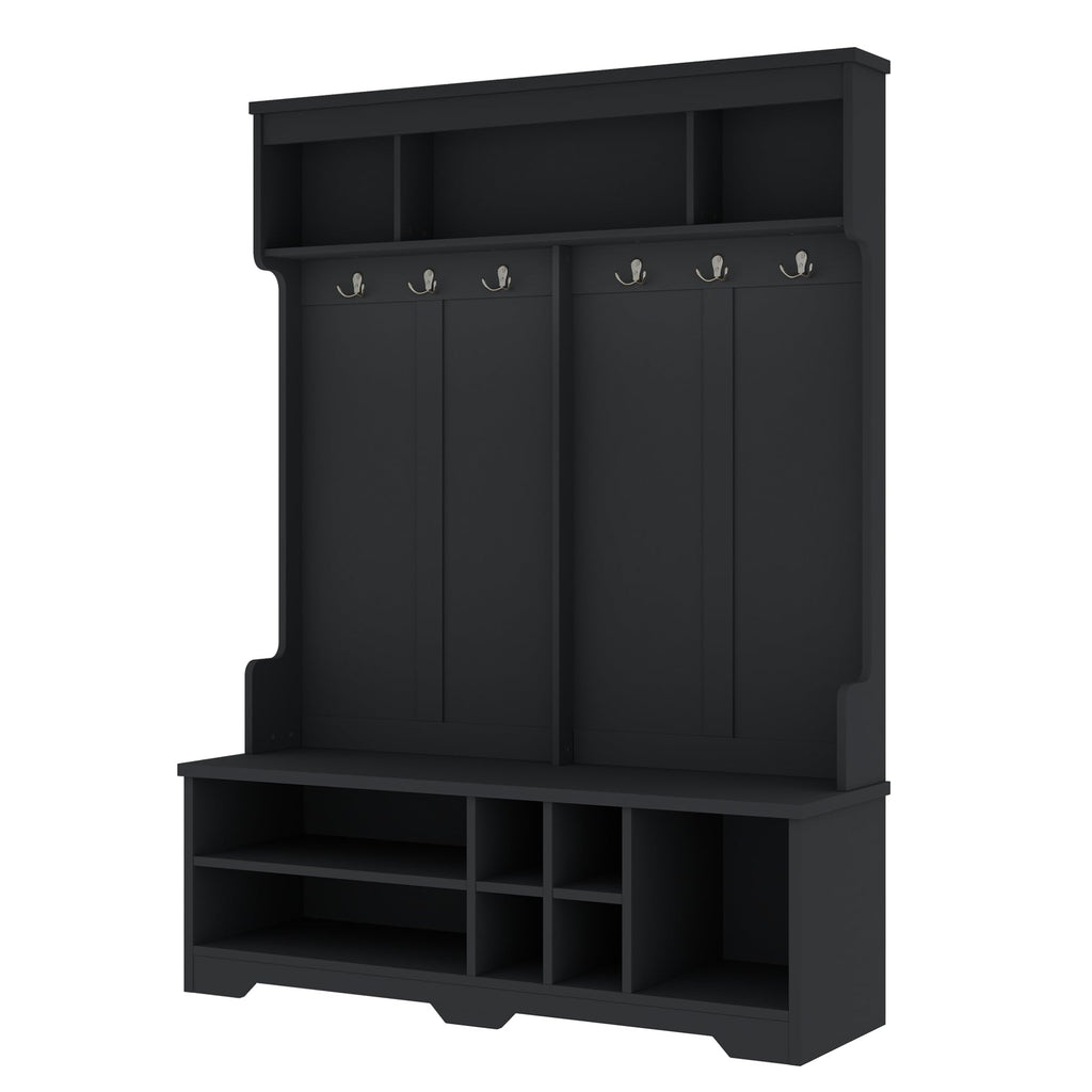 Ball & Cast 59.1" Hall Tree with Bench and Shoe Storage,3-in-1 Entryway Cabinet with Metal Hooks,Modern Coat Rack with Shoe Cubbies for Mudroom,Living Room,Hallway,Black
