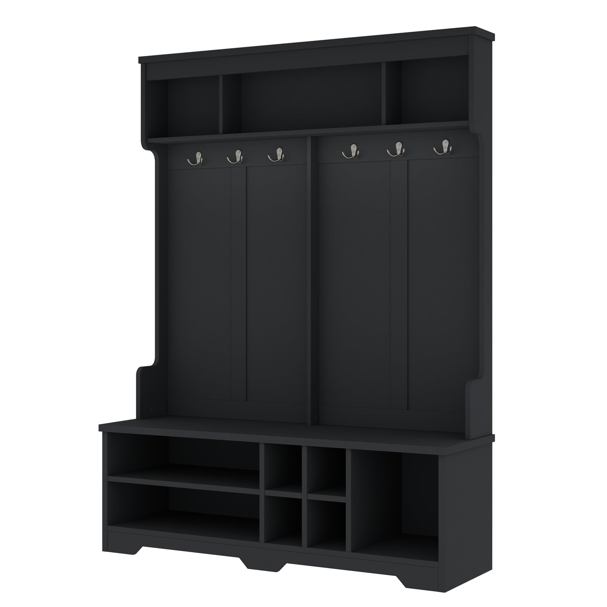 Ball & Cast 59.1" Hall Tree with Bench and Shoe Storage,3-in-1 Entryway Cabinet with Metal Hooks,Modern Coat Rack with Shoe Cubbies for Mudroom,Living Room,Hallway,Black