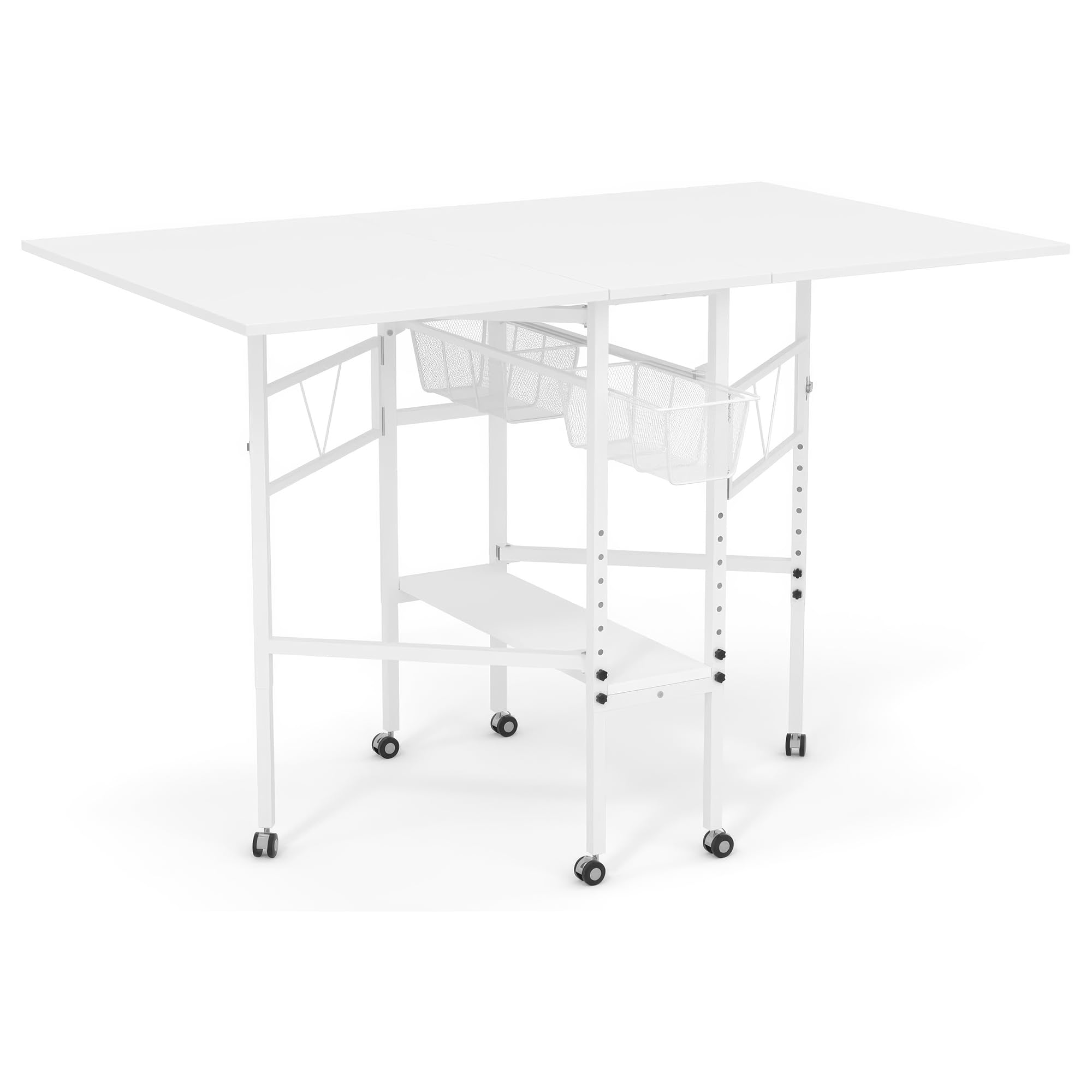 Sew Ready Folding Sewing Craft Table with Storage, Adjustable Height Cutting Desk with Drawers and Wheels for Quilting, Fabric, and Hobby Room, White