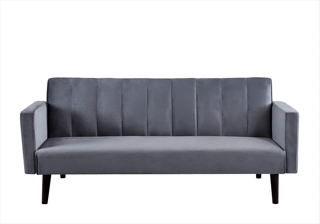 Container Furniture Direct 72" Velvet Convertible Futon Sofa Bed - Full Out Twin Sleeper Couch w/Channel Stitch, Wood Frame & High-Density Foam - Space-Saving for Apartments/Dorms, Grey