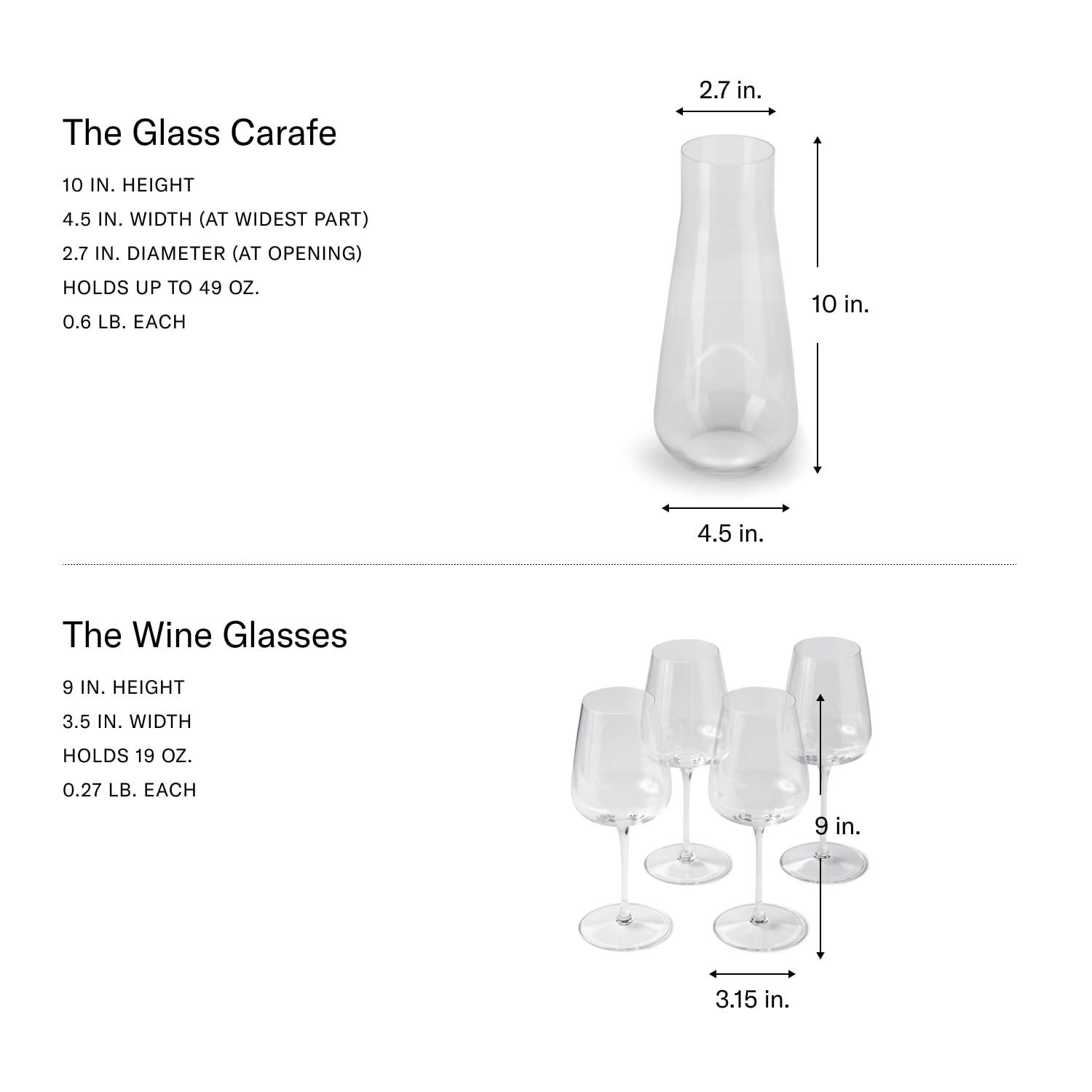 Fable Premium Wine Set - Includes 4 Crystal Wine Glasses and 1 Durable Glass Carafe - Dishwasher Safe Crystalware Bundle with Matching Carafe, Clear