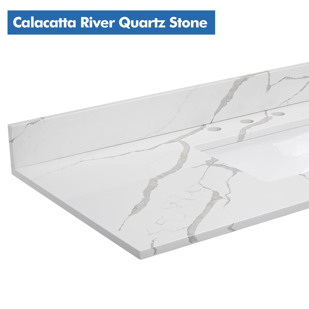 EQLOO 60 in.W x 22 in.D Quartz Calacatta River Vanity Top,with Undermount Double Sink Vanity Top,with Two Sidesplash & One Backsplash,8 Inch Faucet Hole Spread Bathroom Vanity Sink Countertop