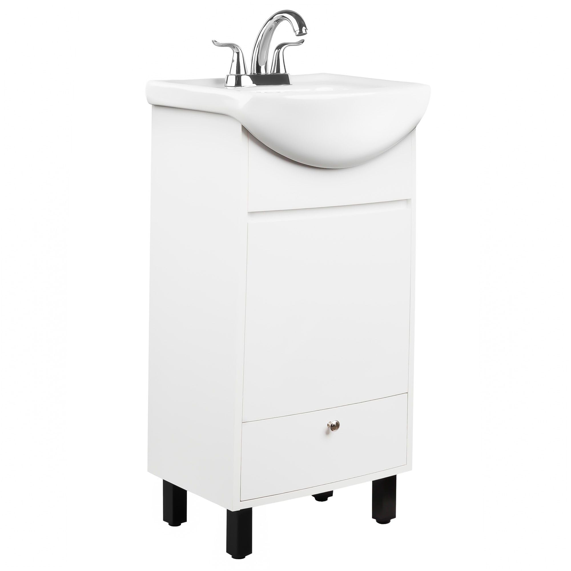 Fine Fixtures Petite 18 Inch Bathroom Vanity with Sink, Small Freestanding Bathroom Cabinet, Space-Saving Vanity Sink Combo Design, Dual Storage, Satin White