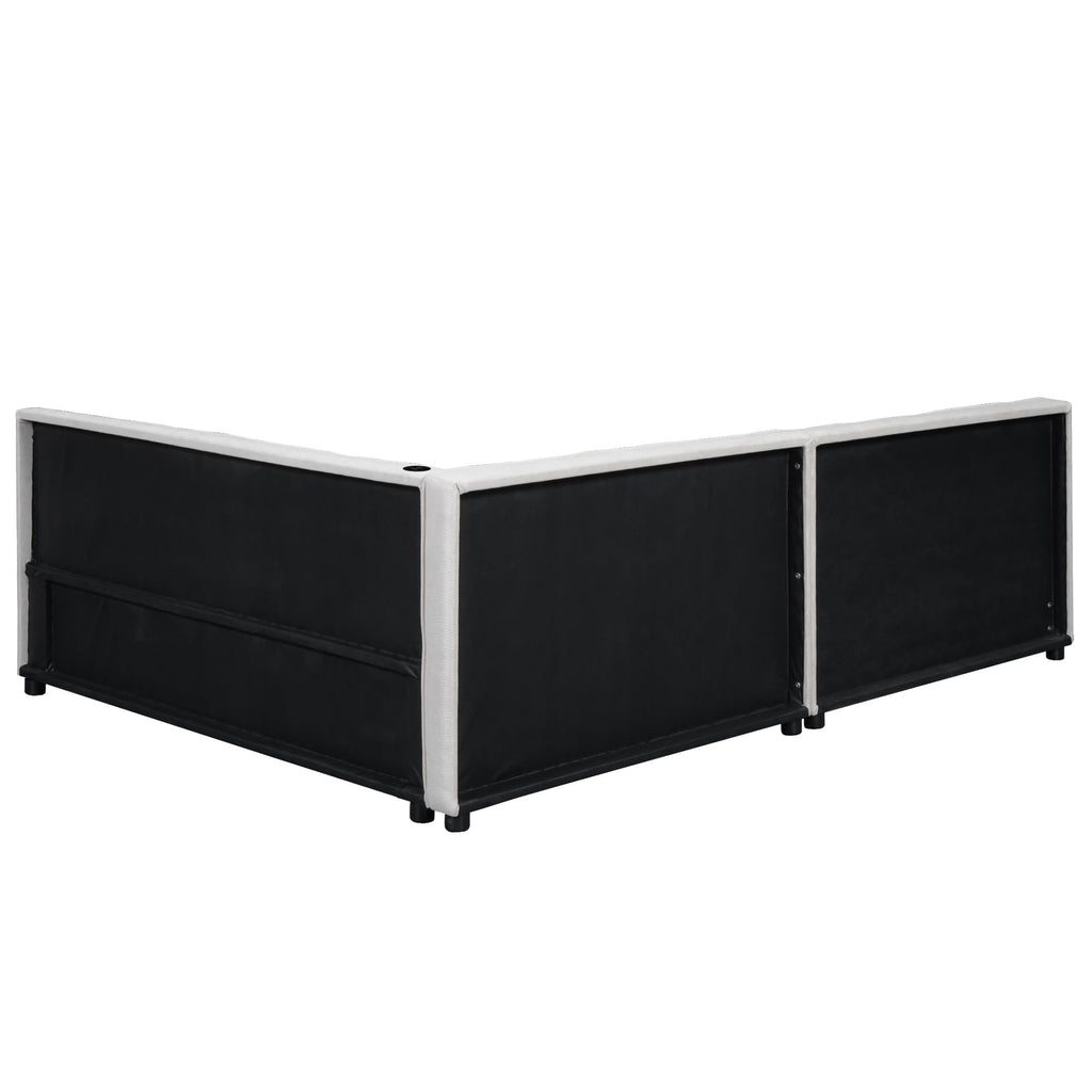 Merax Queen Size Modern Upholstered Platform Bed with USB Ports, Floor Daybed with Wood Slat Support/Queen,Beige