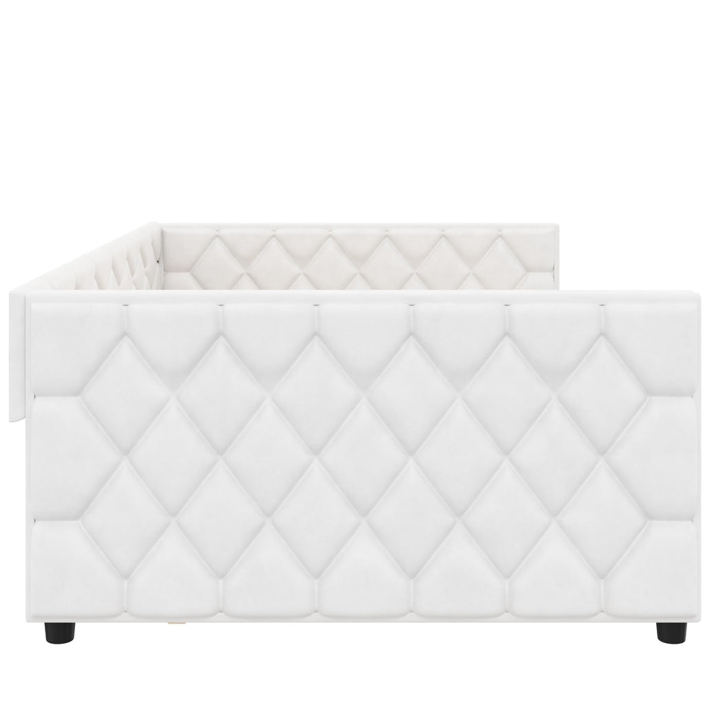 Merax Full XL Upholstered Daybed with Trundle, Modern PU Leather Sofa Bed Frame with Pull-Out Bed, Tufted Daybed Couch for Living Room Guest Room, No Box Spring Needed, White