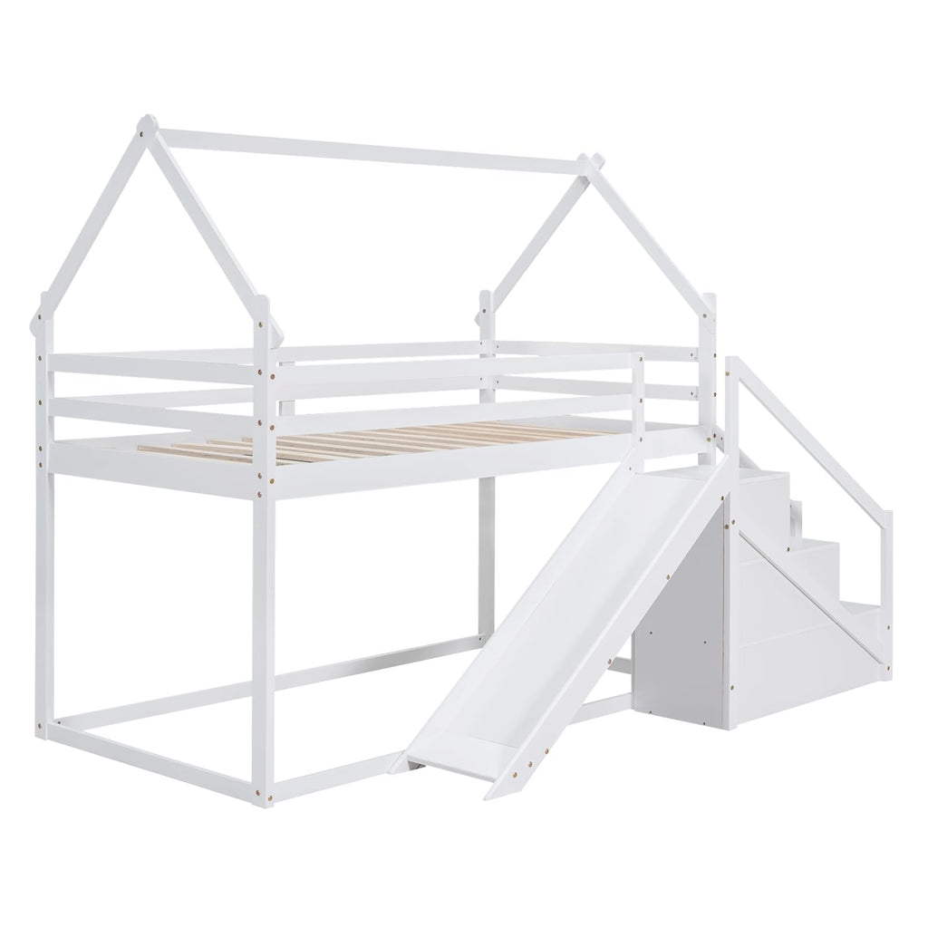 Merax Twin Over Twin Bunk Bed with Full-Length Guardrails for Teens, Boys, Girls, Wooden House Bed Frame & Slide and Storage Stairs for Children's Room, Bedroom, No Box Spring Needed, White