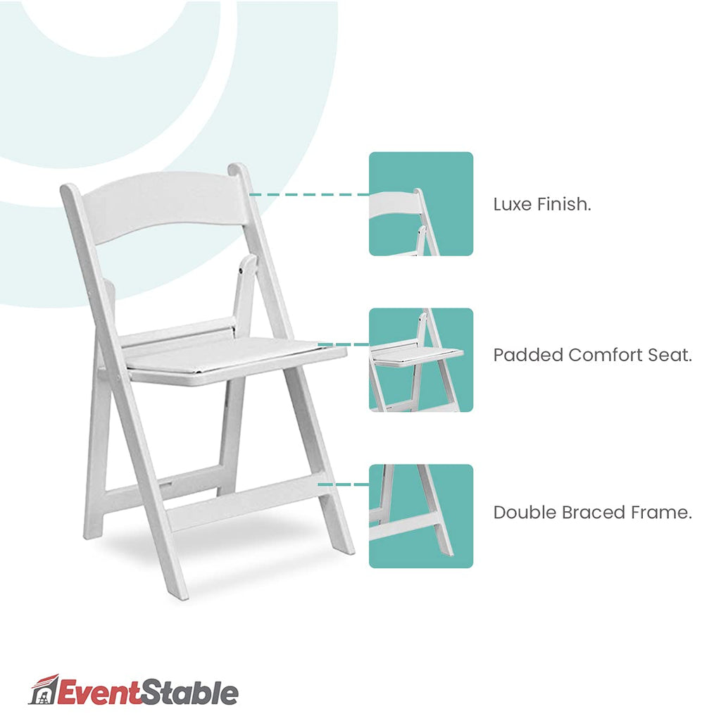 EventStable Titan Series 100 Resin Folding Chairs with 4 Dollies and 4 Straps Bundle - White Indoor/Outdoor Lightweight Folding Chair - Padded Folding Chair for Weddings Parties Events