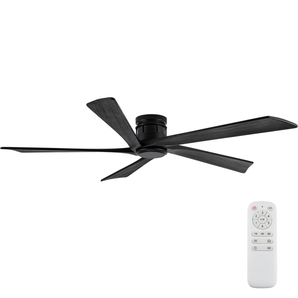 Vernal Life 64 Inch Modern Flush Mount Ceiling Fans no Light for Living Room, 5 Reversible Wood Blades, 6-Speeds, 110V Noiseless DC Motor (Black Finish with Black Blades)
