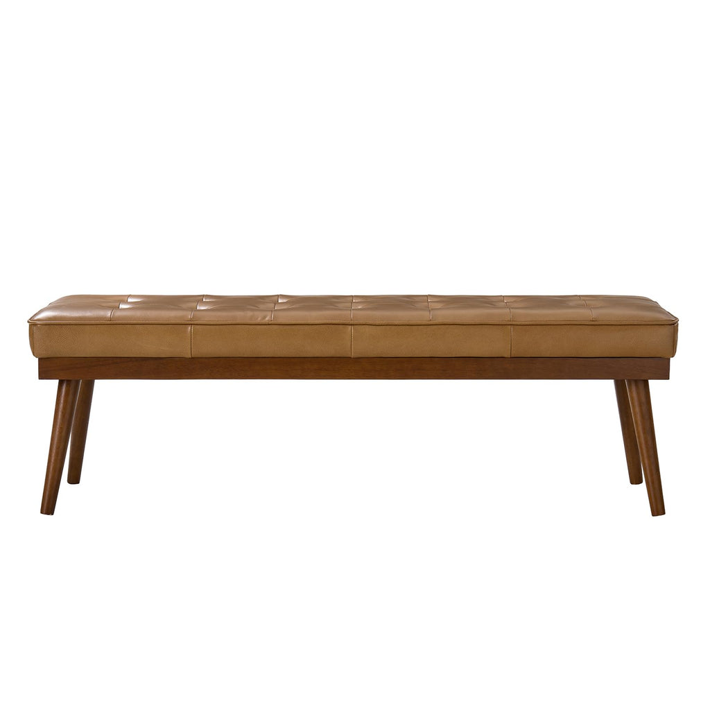 HULALA HOME 55.5" Genuine Leather Bench, Button-Tufted Entryway Bench with Solid Wood Legs, Upholstered End of Bed Bench for Bedroom, Camel