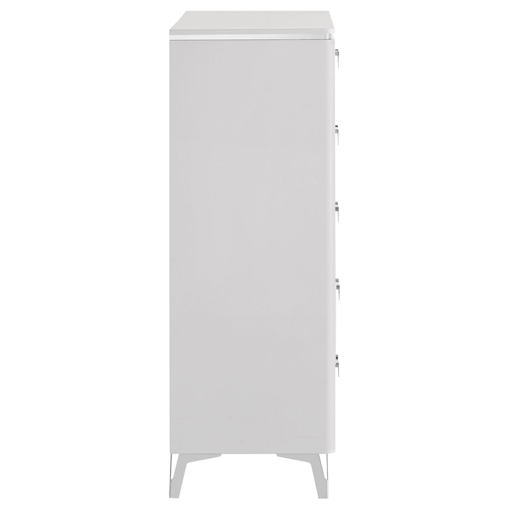 Coaster Home Furnishings - Cassia - Wood - 5-Drawer Chest with Black Felt-Lined Top, V-Patterns Front, U-Shaped Pulls, Tapered Legs and Contemporary Style - Bedroom - White High Gloss - 215795