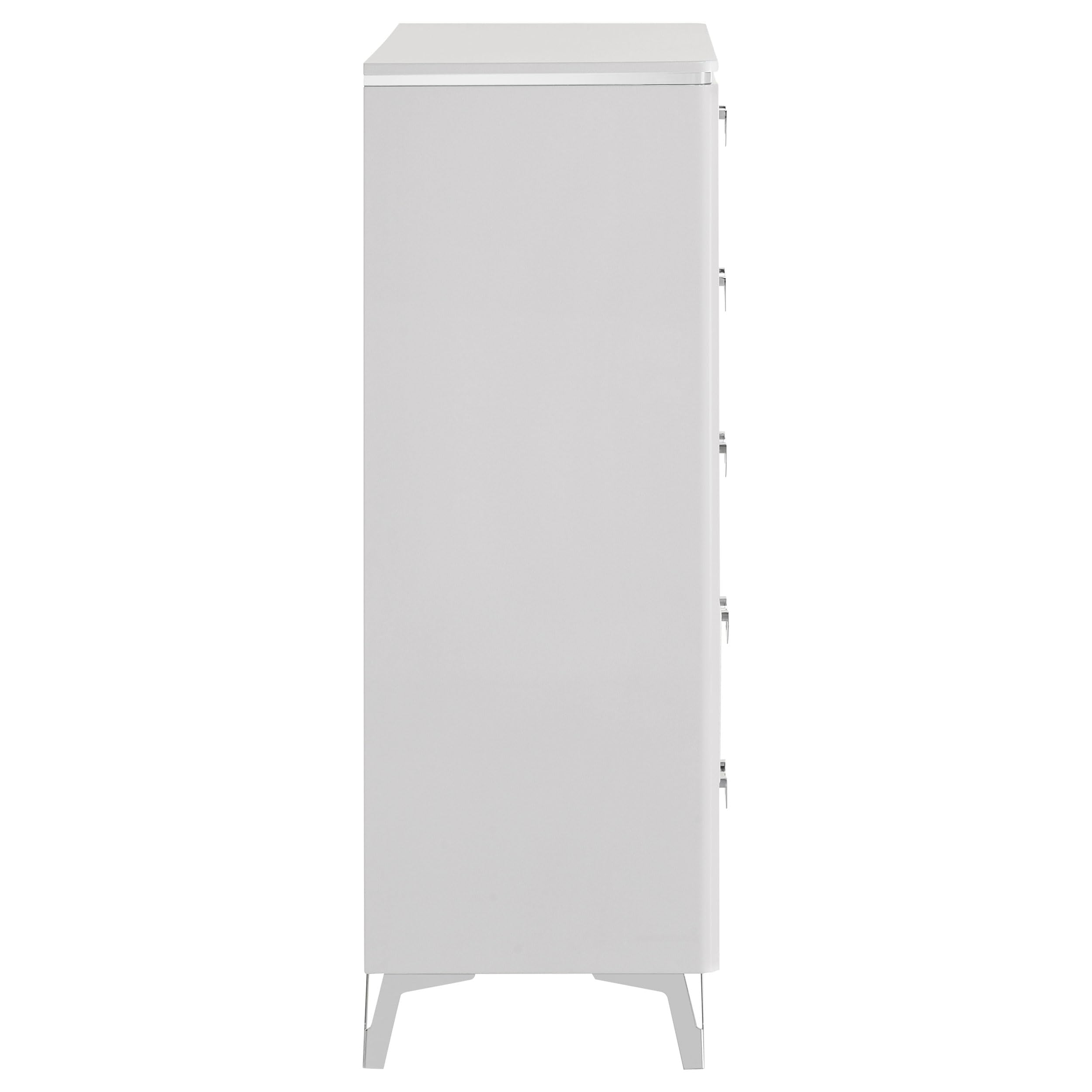 Coaster Home Furnishings - Cassia - Wood - 5-Drawer Chest with Black Felt-Lined Top, V-Patterns Front, U-Shaped Pulls, Tapered Legs and Contemporary Style - Bedroom - White High Gloss - 215795