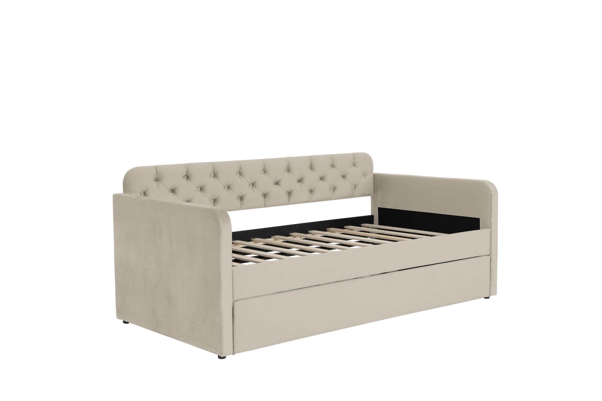 GDFStudio Twin Size Daybed with Trundle, Velvet Upholstered Twin Bed Frame with Headboard & USB Charging Station, Tufted Wood Platform Sofa Bed, Solid Slap Sofa Bed, No Box Spring Needed, Light Beige