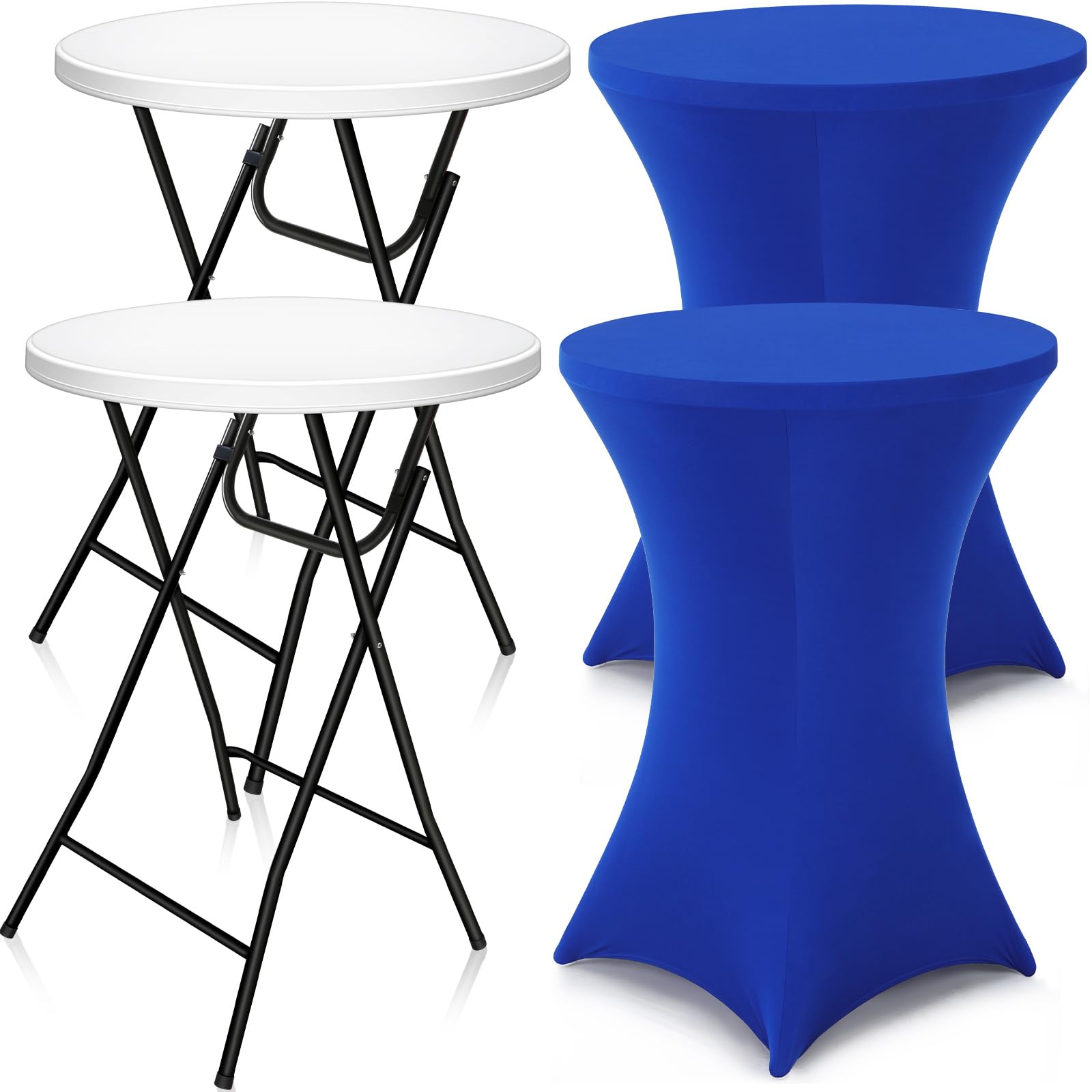 Wenqik 2 Sets 32" High Top Round Folding Cocktail Tables White Bar Height with Removable Legs & 32"x43" Spandex Stretch Table Covers (Royal Blue)