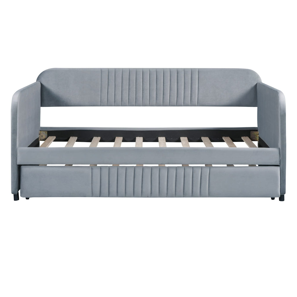 Merax Twin Size Upholstered Daybed with Trundle Bed and Wood Slat, Gray Velvet Sleeper Sofa Bed, No Box Spring Needed