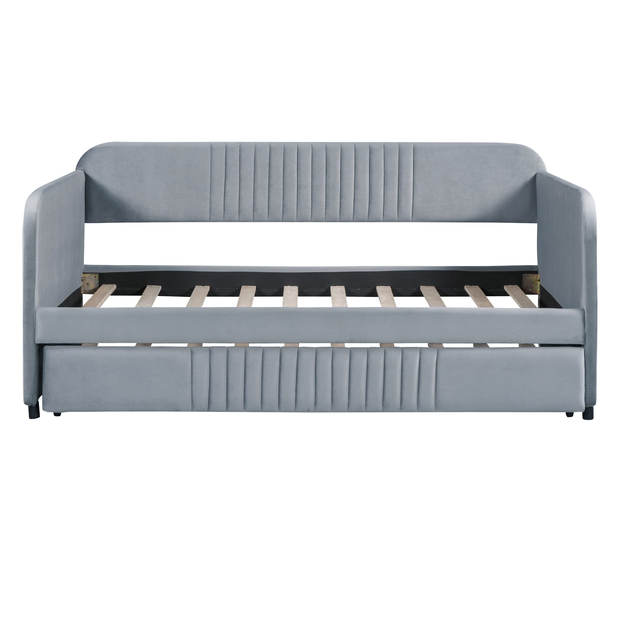 Merax Twin Size Upholstered Daybed with Trundle Bed and Wood Slat, Gray Velvet Sleeper Sofa Bed, No Box Spring Needed
