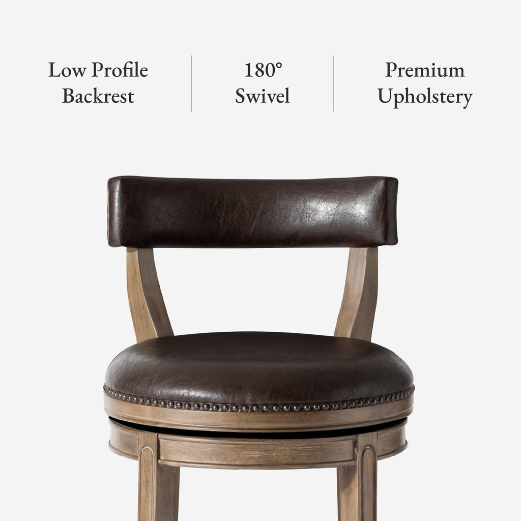 Maven Lane Alexander Counter Stool 26 Inches – Swivel Stool with Footrest – Brown Solid Wood and Brown Faux Leather Upholstery – Perfect for Kitchen Island and Counter
