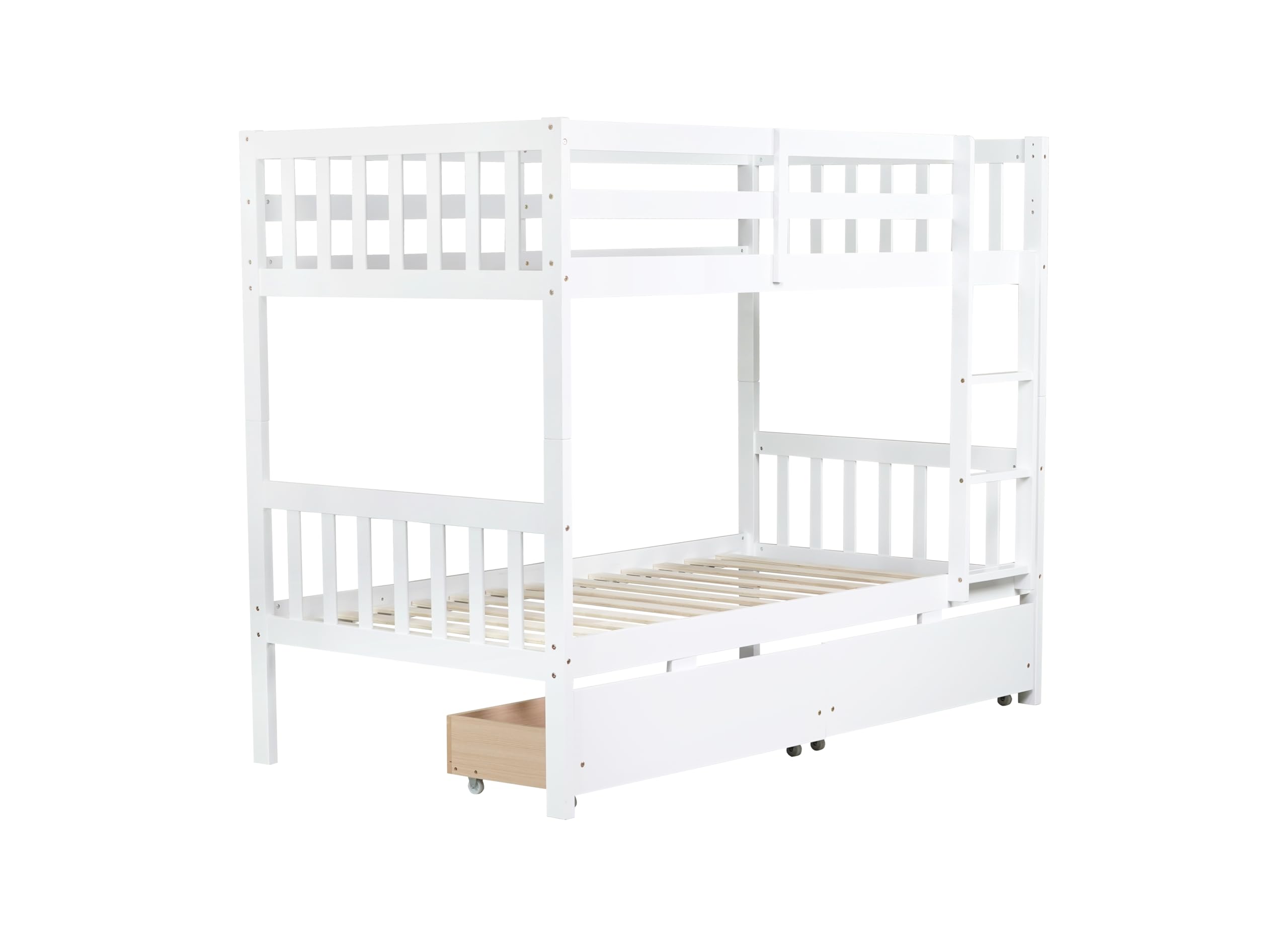 MERITLINE Wood Bunk Bed with Drawers, Convertible Bunk Bed with Ladders and Two Storage Drawers, Solid Wood Detachable Bedframe with Guardrails, Twin Over Twin, White