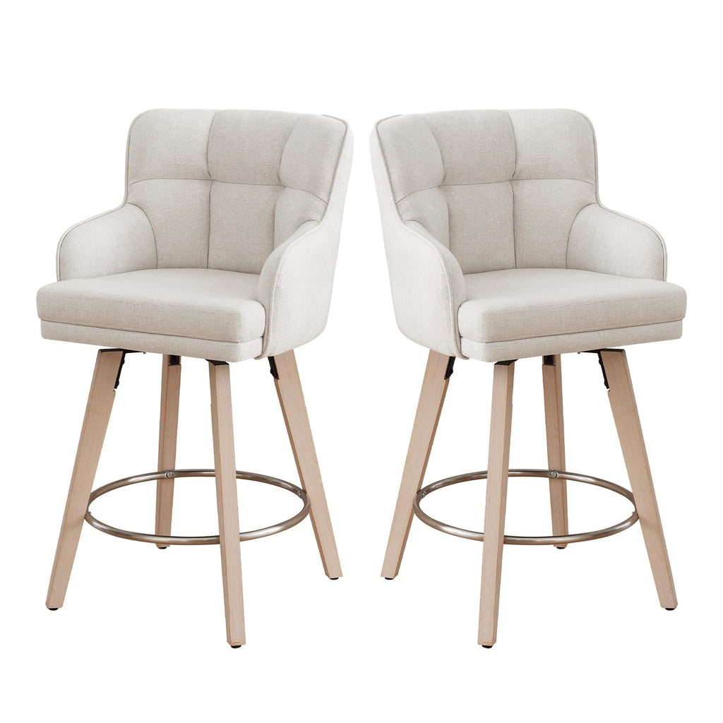 SAECKBERG 360°Swivel Counter Height Bar Stools with Back, 26 inch Solid Wood Legs, Bar Stool Modern Kitchen Island Chairs, Fabric (Beige- Fabric, 26" H- Set of 2)