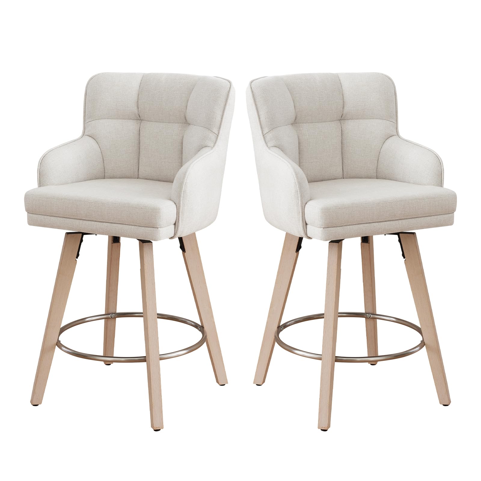 SAECKBERG 360°Swivel Counter Height Bar Stools with Back, 26 inch Solid Wood Legs, Bar Stool Modern Kitchen Island Chairs, Fabric (Beige- Fabric, 26" H- Set of 2)