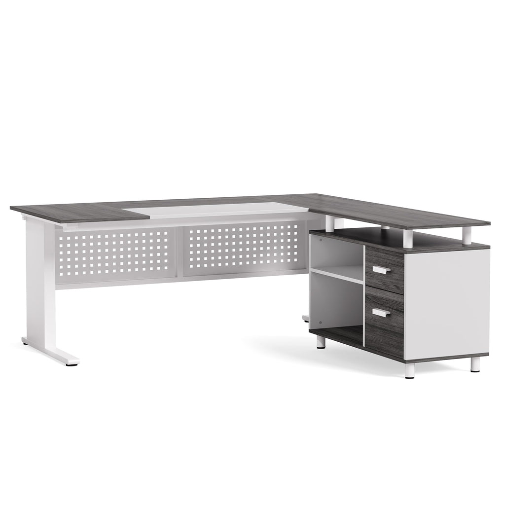 LITTLE TREE Large Computer Desk with File Cabinet, 63-Inch Executive Desk L Shaped Office Desk with Drawers and Storage Shelves, Business Furniture Desk Workstation for Home Office (Grey + White)