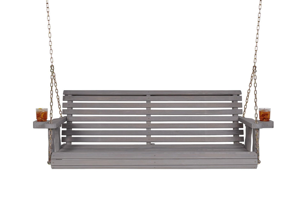Amish Casual Heavy Duty 700 Lb Capacity Porch Swing with Cup Holders (4 Foot, Semi-Solid Grey Stain) – Wooden Outdoor Roll Back Swing with Hanging Chains – Amish Made in the USA