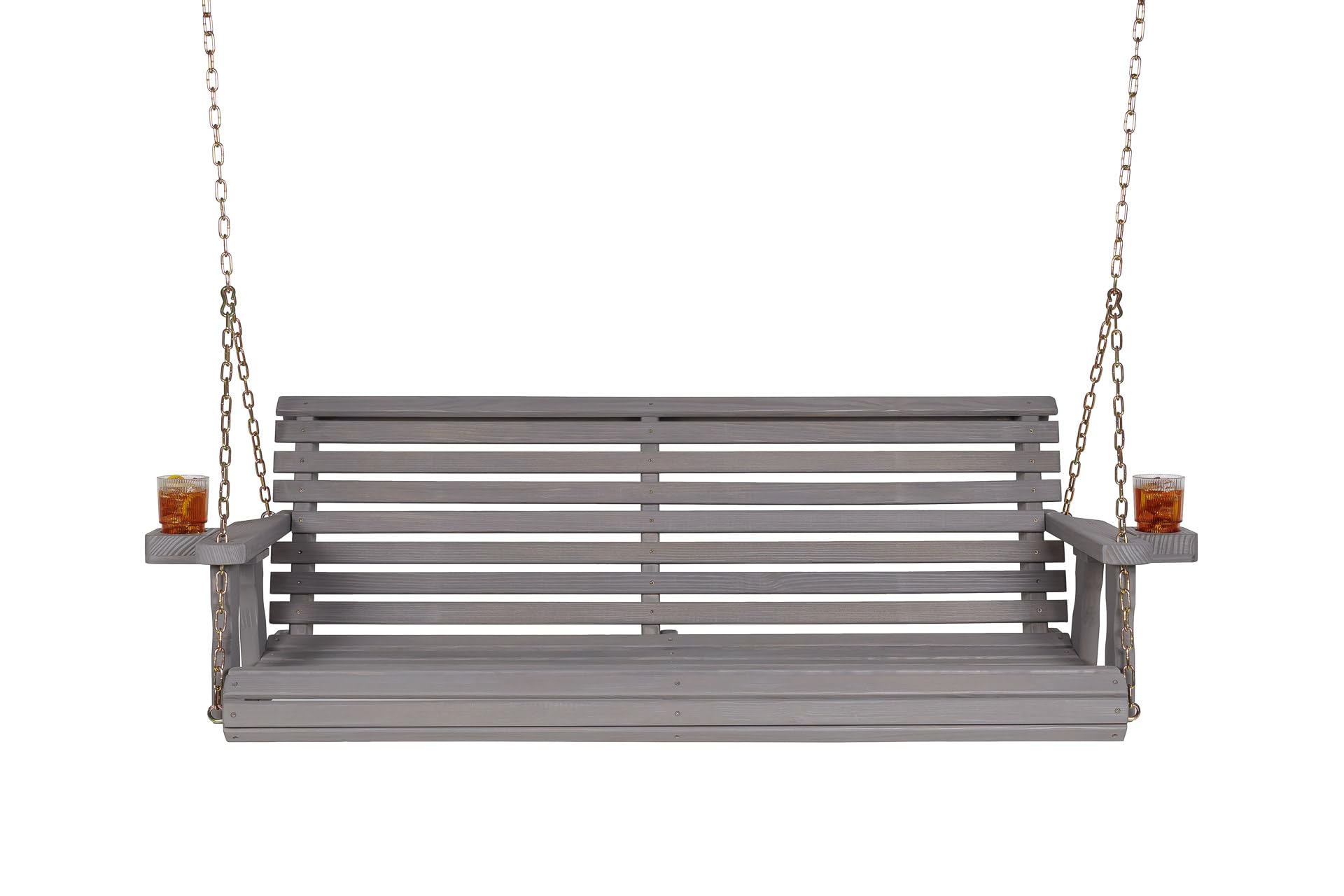 Amish Casual Heavy Duty 700 Lb Capacity Porch Swing with Cup Holders (4 Foot, Semi-Solid Grey Stain) – Wooden Outdoor Roll Back Swing with Hanging Chains – Amish Made in the USA