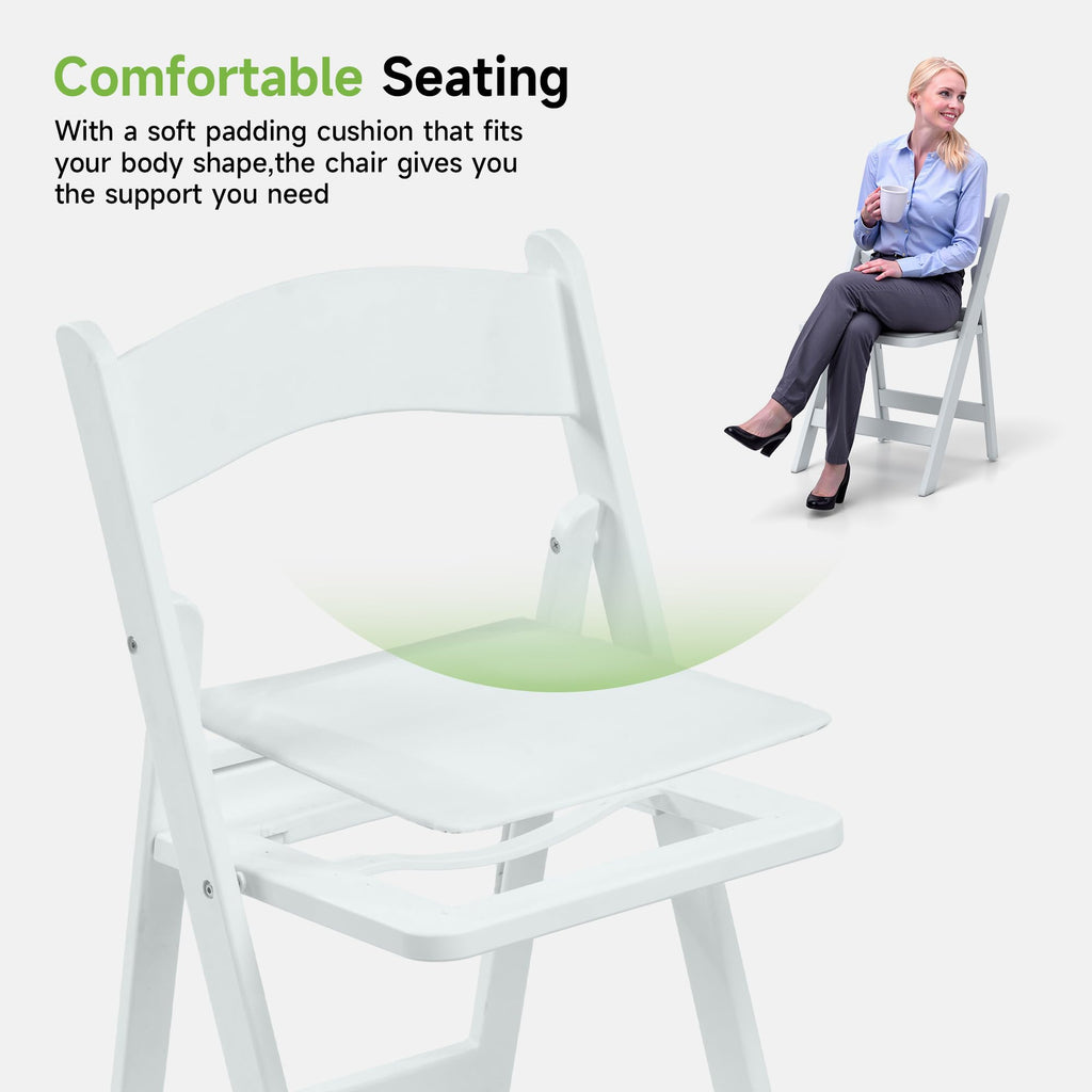Real Relax White Resin Folding Chairs with Cushion - Comfortable Foldable Plastic Chair - Stackable Chairs with Padded Seats - Indoor/Outdoor Chairs for Events, 600lbs Capacity(10 Pack)