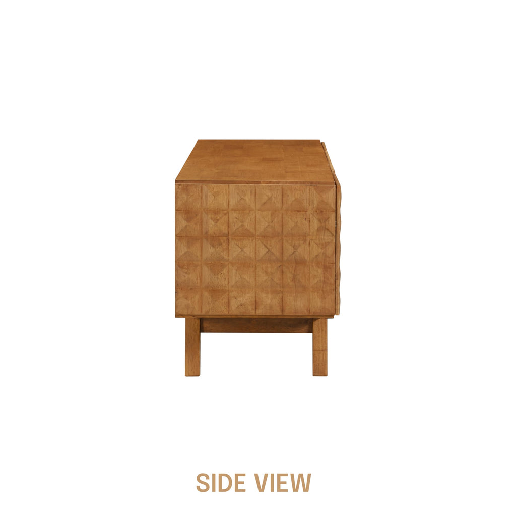 NTC Sapa Mid-Century Modern Solid Wood TV Stand 4-Door Media Console with Carved Geometric Fronts for TVs up to 75", Effortless Assembly, Teak Look