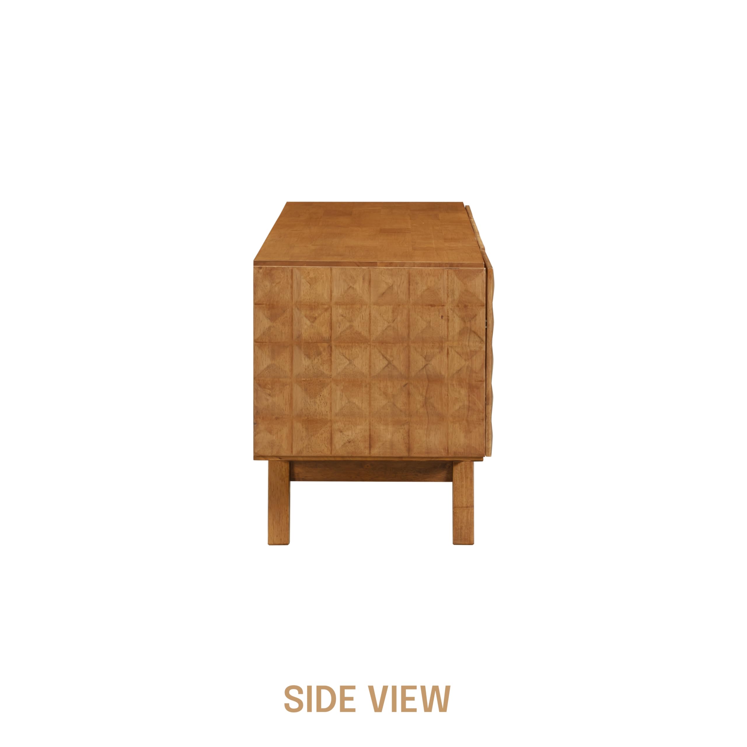 NTC Sapa Mid-Century Modern Solid Wood TV Stand 4-Door Media Console with Carved Geometric Fronts for TVs up to 75", Effortless Assembly, Teak Look