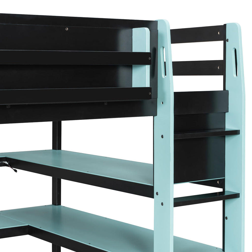 DNYN Gaming Loft Bed with Built-in Desk and Storage Shelves for Teens/Adults Bedroom, Space-Saving Full Size Wooden Bed Frame with LED & Side Race, No Box Spring Needed