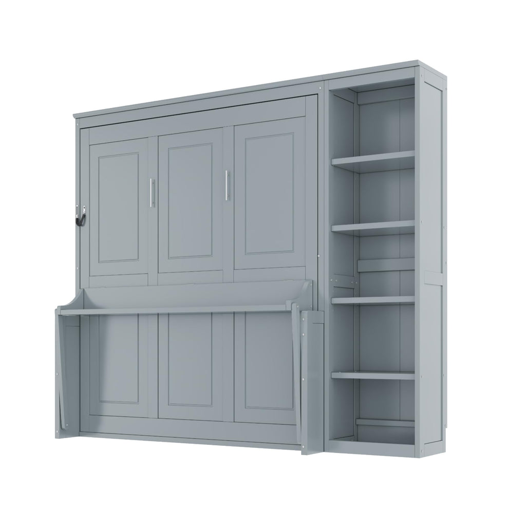 Ball & Cast Murphy Bed Chest Full Size,Hideaway Wall Bedframe with Desk and Bookshelf,Space Saving Cabinet Bed w/Shelf,Slat Support,can be Folded,Bedroom Furniture for Small Space,Gray