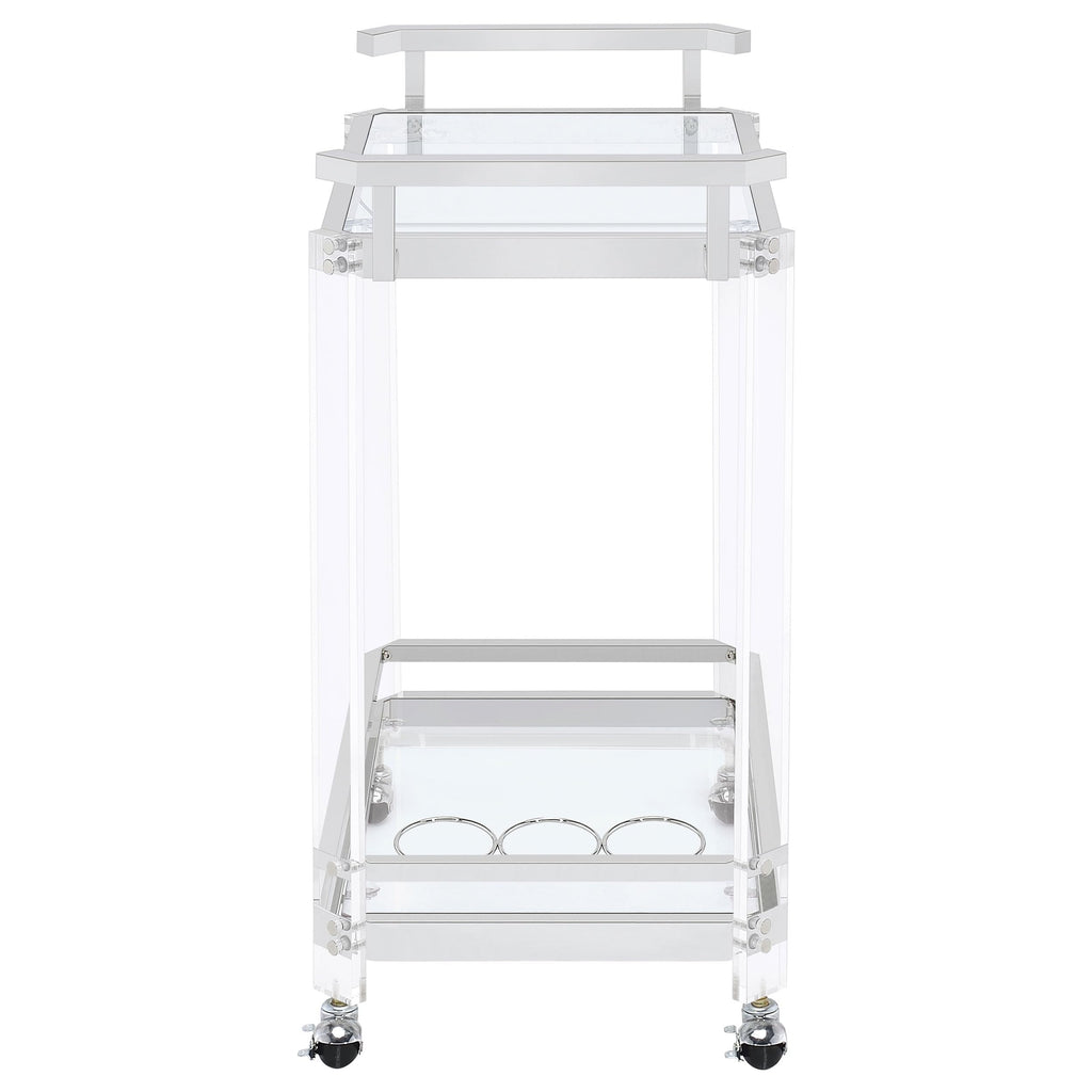 BOWERY HILL Bar Cart, Chrome Finish, Acrylic and Metal Frame with Glass Shelves, 35" H x 28.5" W x 17.25" D, Wine Bottle and Stemware Racks, Contemporary Style Serving Cart with Wheels