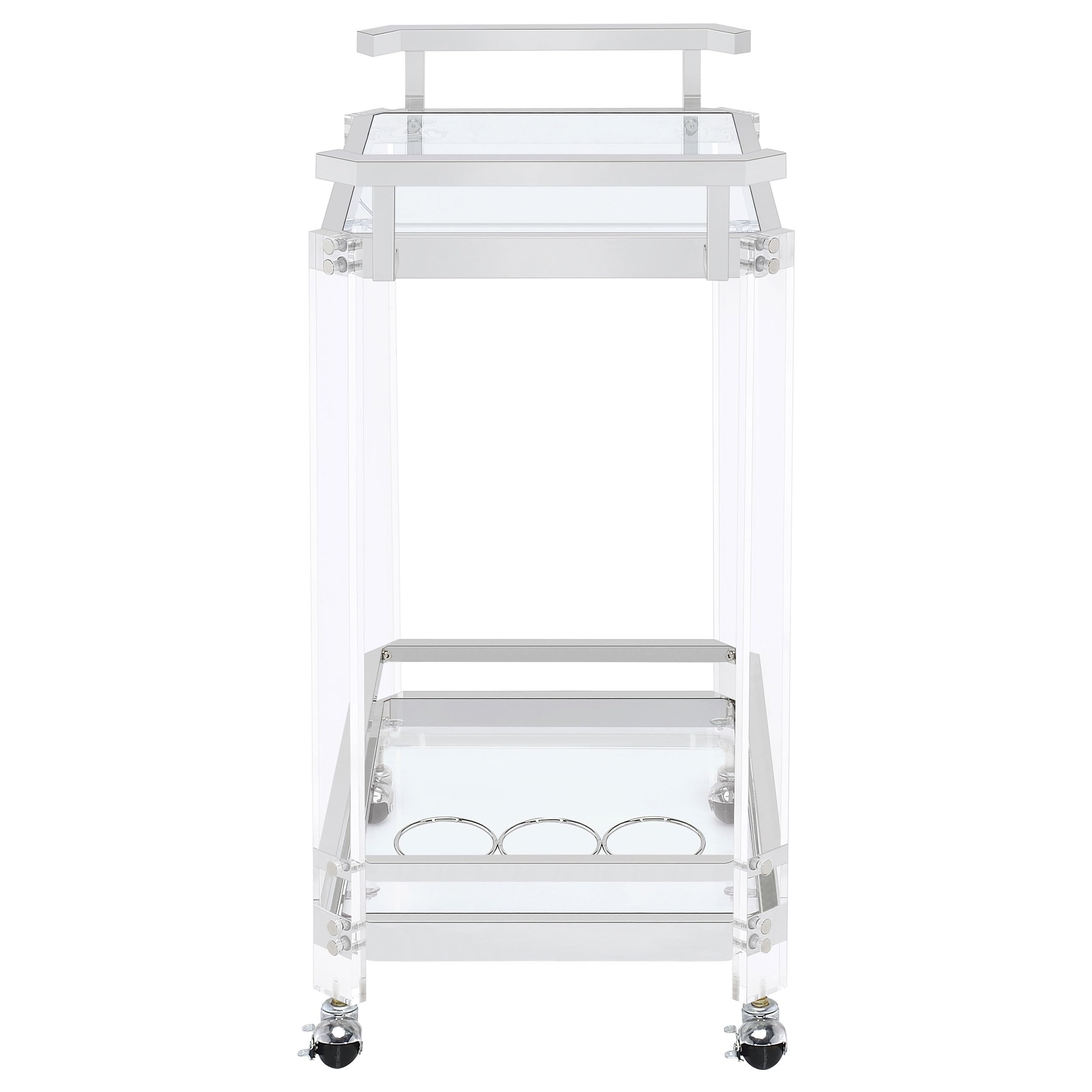 BOWERY HILL Bar Cart, Chrome Finish, Acrylic and Metal Frame with Glass Shelves, 35" H x 28.5" W x 17.25" D, Wine Bottle and Stemware Racks, Contemporary Style Serving Cart with Wheels