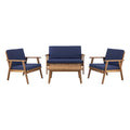 Linon Rosemary Solid Acacia Wood Four Piece Outdoor Chat Set with Blue Removable Cushions