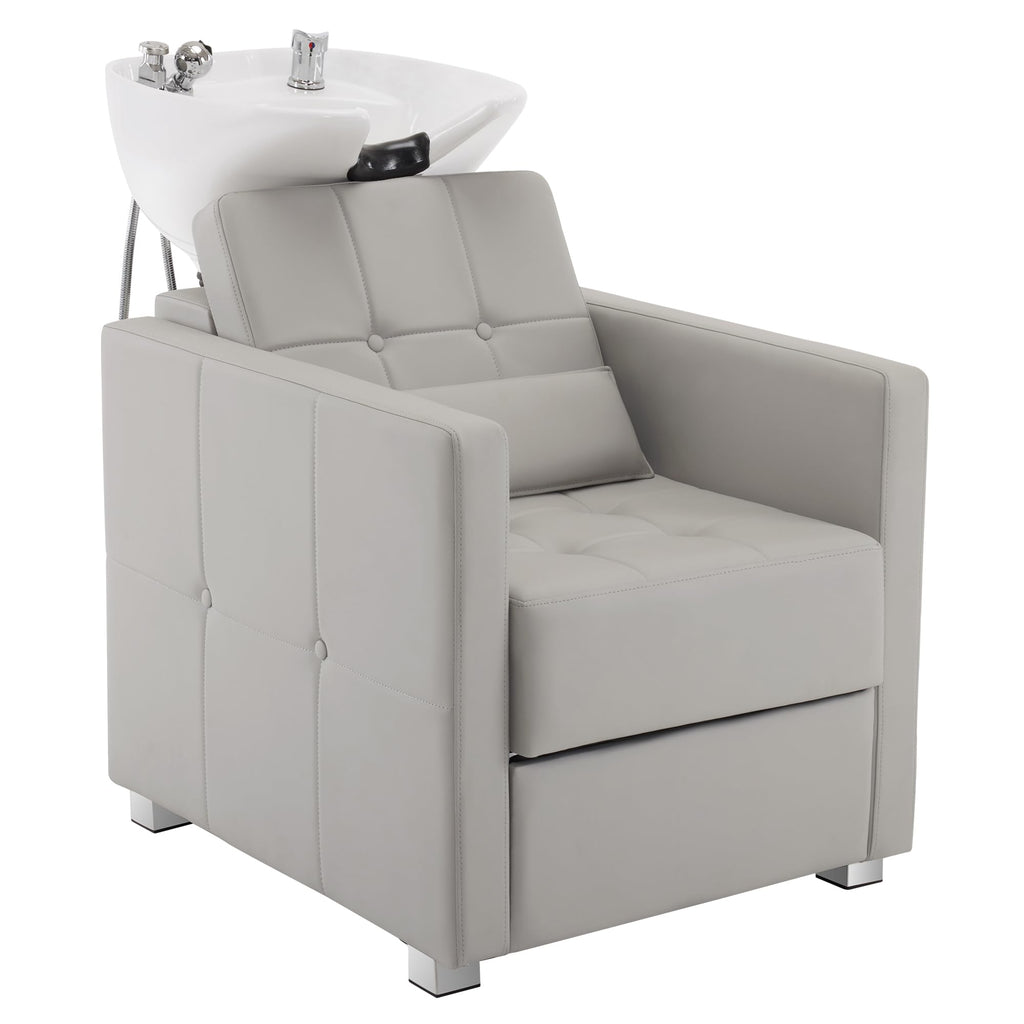 BarberPub Backwash Shampoo Station Chair, Adjustable Porcelain Ceramic Hair Wash Basin, Vacuum Breaker, Professional Shampoo Chair for Salon and Spa 9309 (Gray)
