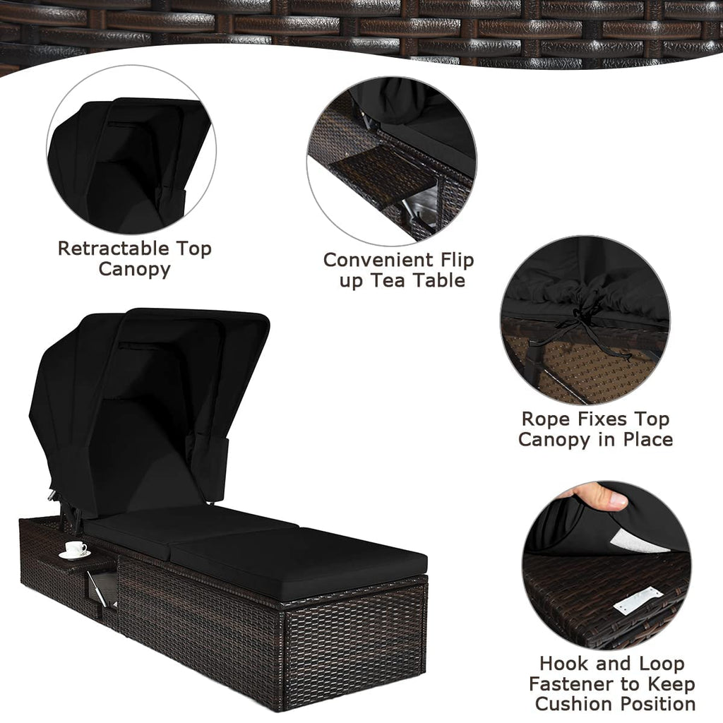 HAPPYGRILL Patio Chaise Lounge with Retractable Canopy, Outdoor Reclining Chair with Adjustable Backrest, Rattan Wicker Daybed with Coffee Table for Beach Poolside Backyard Balcony Porch