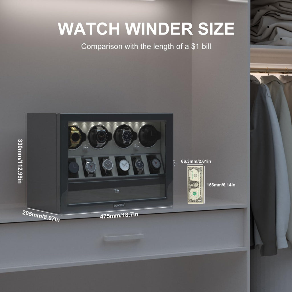 DUKWIN Watch Winder for 4 Automatic Watches, White Lockable Watch Winders with Extra Watch Storage, Jewelry Storage, 4 Rotation Modes, LED Light, Super Quiet Mabuchi Motor and Spring Watch Pillows
