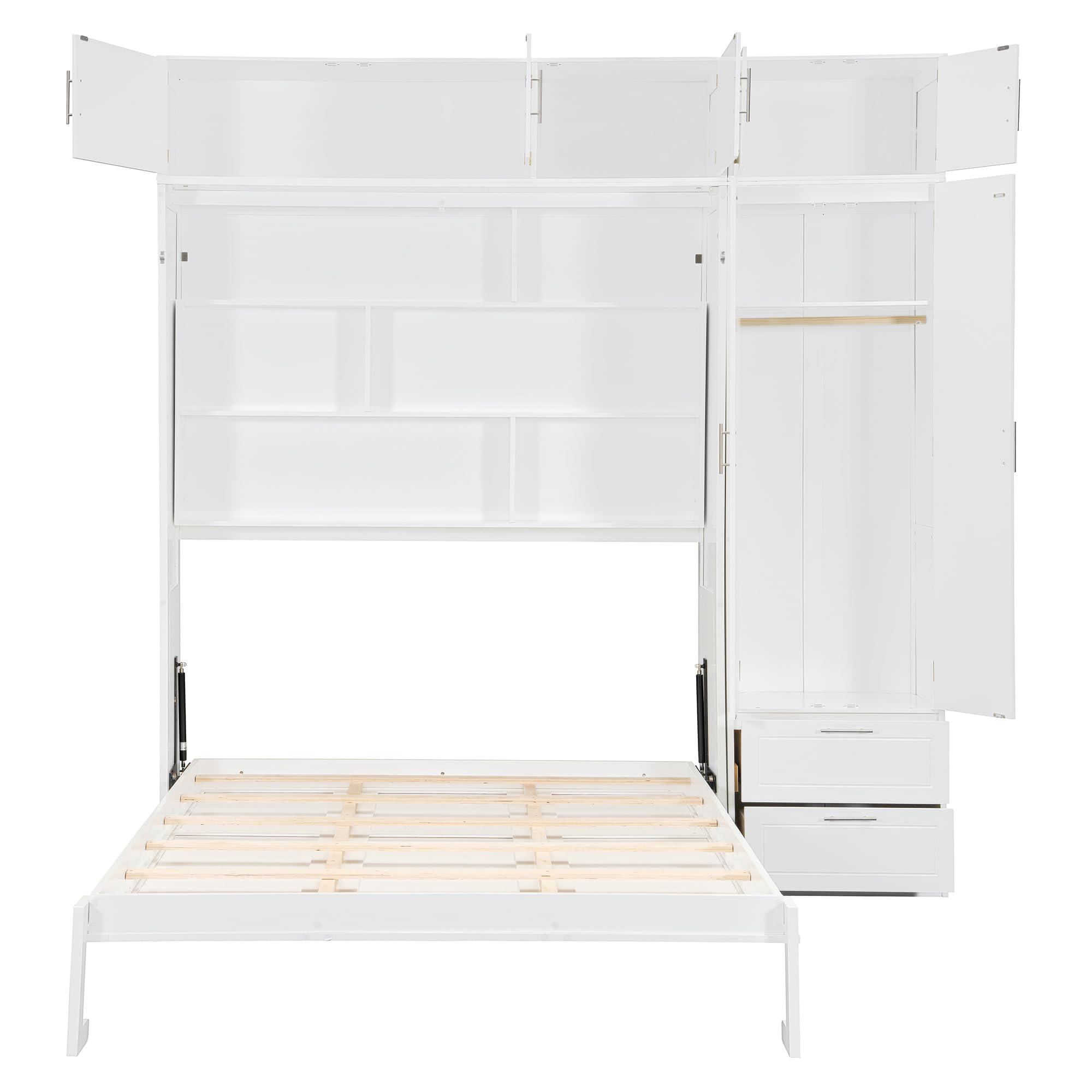 Merax Queen Size Murphy Bed with Top Cabinet, Shelves and Wardrobe, Fold into The Wall, Space-Saving Design, Multifunctional Foldable Platform Bed Frame for Bedroom, Guest Room, Home Office, White